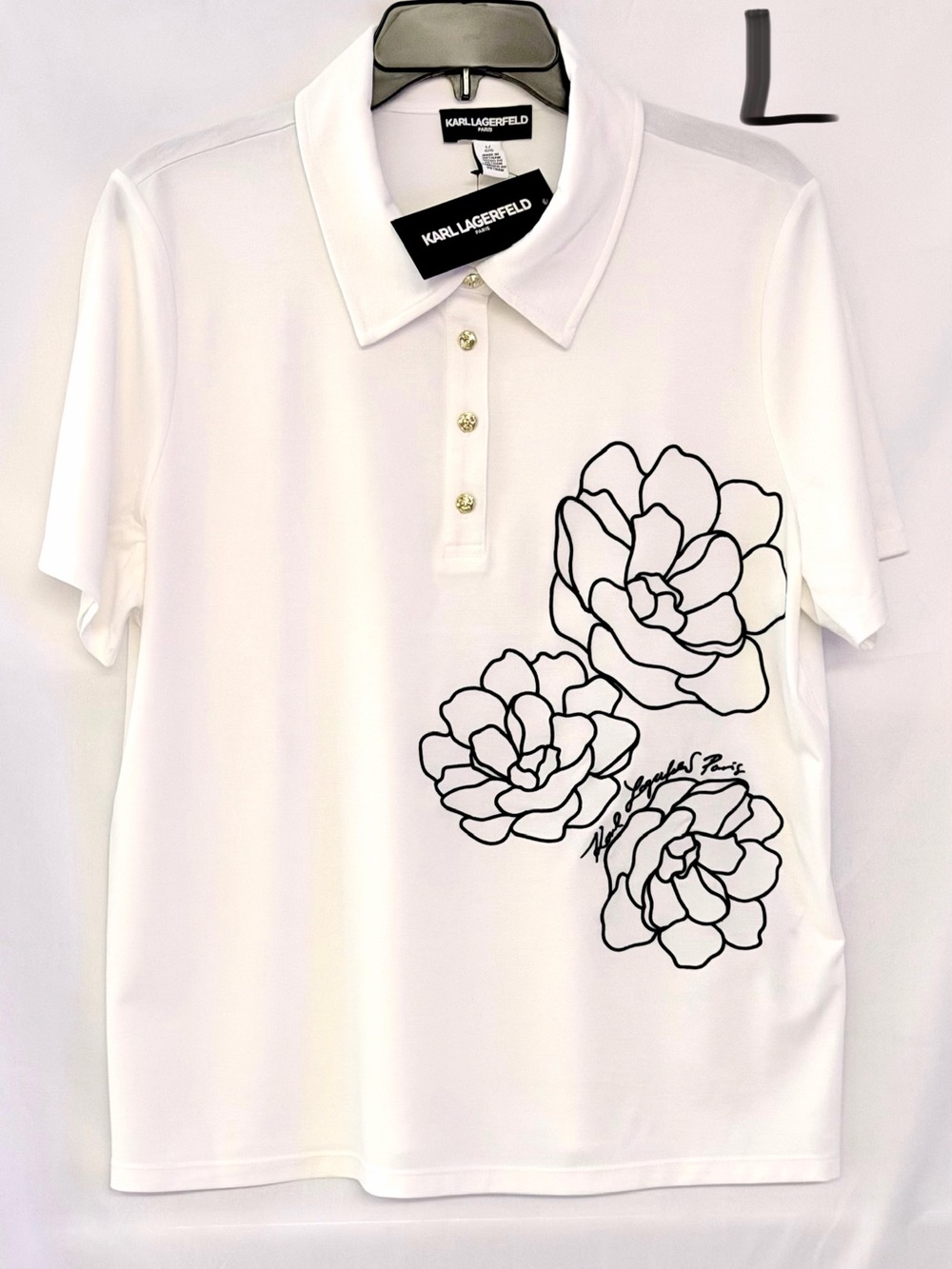 Karl Lagerfeld White Short-Sleeve Polo with Black Floral Outline
